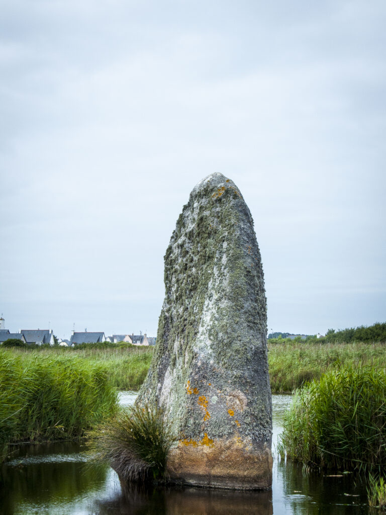 Le menhir mouillé de Treffiagat est couvert de lichens qui permettent de s&rsquo;orienter